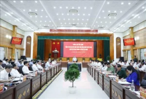 Tổng Bí thư Tô Lâm phát biểu chỉ đạo tại buổi làm việc với Ban Thường vụ Tỉnh ủy An Giang - Ảnh: TTXVN